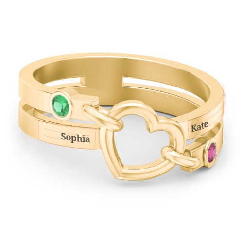 Engravable Diagonal Open Heart Ring – 10K Yellow Gold with Emerald and Ruby