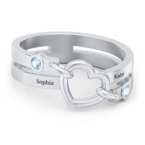 Engravable Diagonal Open Heart Ring – Sterling Silver with Blue Topaz