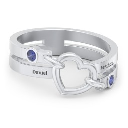 Engravable Diagonal Open Heart Ring in 925 Sterling Silver with Blue Sapphire