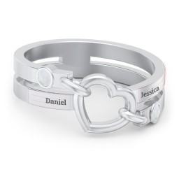 Engravable Diagonal Open Heart Ring in 925 Sterling Silver with Opal