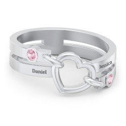 Engravable Diagonal Open Heart Ring in 925 Sterling Silver with Pink Tourmaline