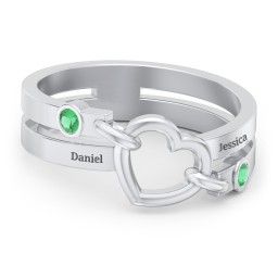 Engravable Diagonal Open Heart Ring in 925 Sterling Silver with Emerald