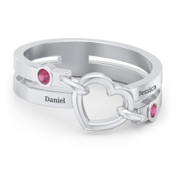 Engravable Diagonal Open Heart Ring in 925 Sterling Silver with Ruby