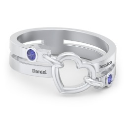 Engravable Diagonal Open Heart Ring in 925 Sterling Silver with Blue Sapphire