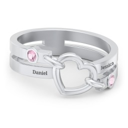 Engravable Diagonal Open Heart Ring in 925 Sterling Silver with Pink Tourmaline