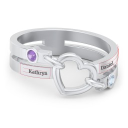 Engravable Diagonal Open Heart Ring in 925 Sterling Silver with Amethyst and Blue Topaz