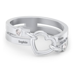 Engravable Diagonal Open Heart Ring in 925 Sterling Silver with Diamond