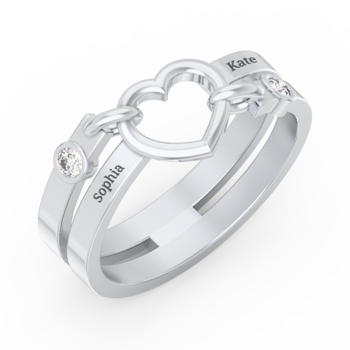 Engravable Diagonal Open Heart Ring – Sterling Silver with Diamond
