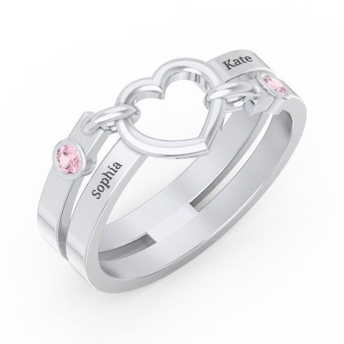 Engravable Diagonal Open Heart Ring – Sterling Silver with Pink Tourmaline