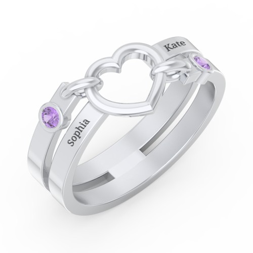 Engravable Diagonal Open Heart Ring – Sterling Silver with Amethyst
