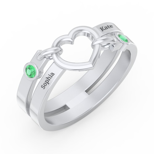 Engravable Diagonal Open Heart Ring – Sterling Silver with Emerald
