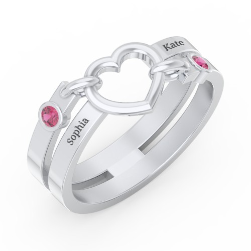 Engravable Diagonal Open Heart Ring – Sterling Silver with Ruby