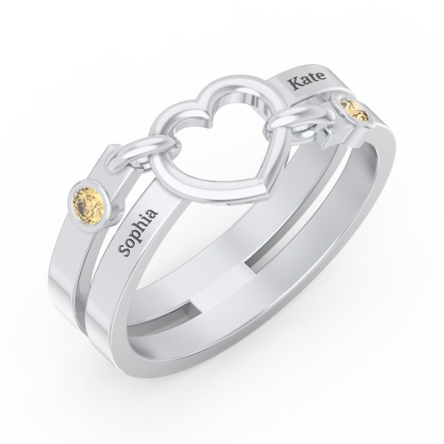 Engravable Diagonal Open Heart Ring – Sterling Silver with Citrine