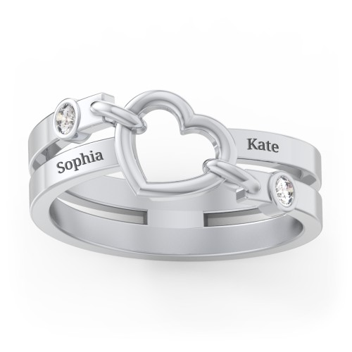 Engravable Diagonal Open Heart Ring – Sterling Silver with Diamond