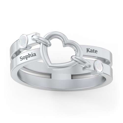 Engravable Diagonal Open Heart Ring – Sterling Silver with Opal