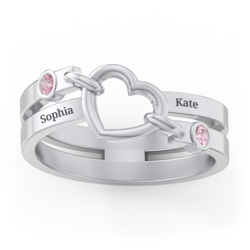 Engravable Diagonal Open Heart Ring – Sterling Silver with Pink Tourmaline