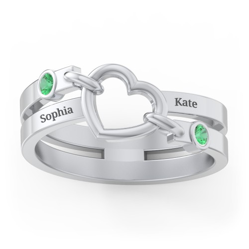 Engravable Diagonal Open Heart Ring – Sterling Silver with Emerald