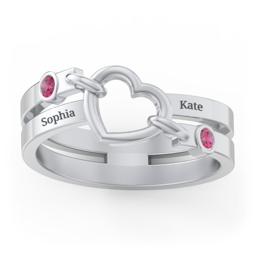 Engravable Diagonal Open Heart Ring – Sterling Silver with Ruby