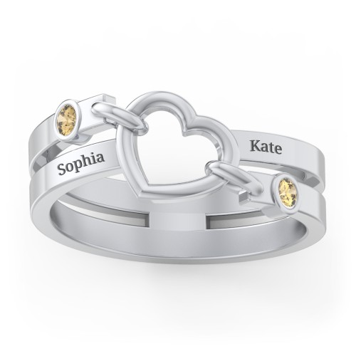 Engravable Diagonal Open Heart Ring – Sterling Silver with Citrine