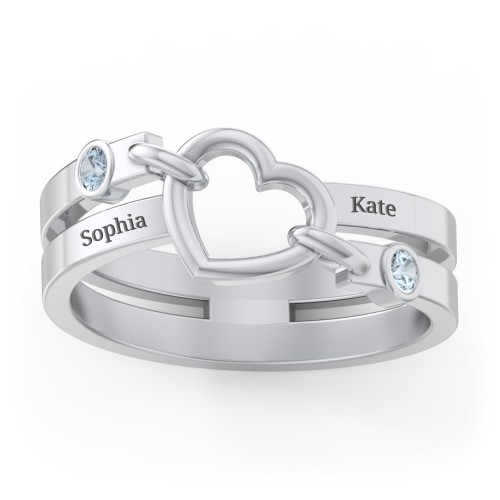 Engravable Diagonal Open Heart Ring – Sterling Silver with Blue Topaz