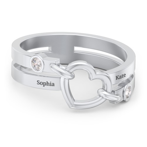 Engravable Diagonal Open Heart Ring – Sterling Silver with Diamond