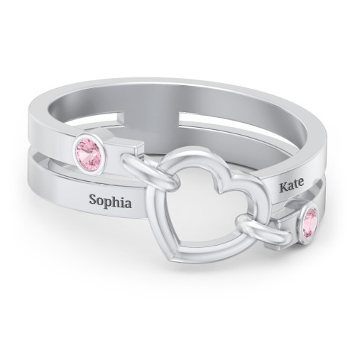 Engravable Diagonal Open Heart Ring – Sterling Silver with Pink Tourmaline