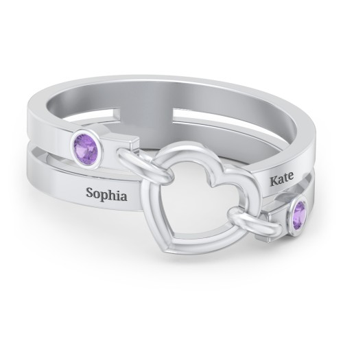 Engravable Diagonal Open Heart Ring – Sterling Silver with Amethyst