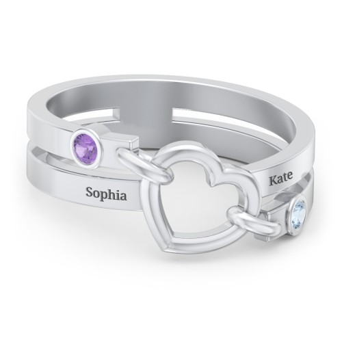 Engravable Diagonal Open Heart Ring – Sterling Silver with Amethyst and Blue Topaz