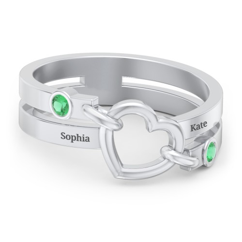 Engravable Diagonal Open Heart Ring – Sterling Silver with Emerald