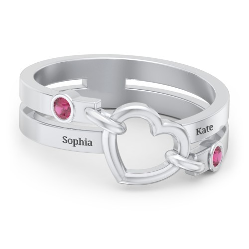 Engravable Diagonal Open Heart Ring – Sterling Silver with Ruby