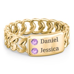 Heart Chain Link Ring with Nameplate in 18K Gold Plated Silver with Amethyst