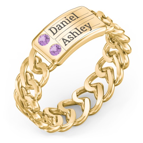 Heart Chain Link Ring with Nameplate – 18K Gold Plated Silver with Amethyst