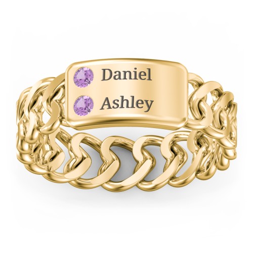 Heart Chain Link Ring with Nameplate – 18K Gold Plated Silver with Amethyst