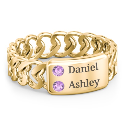 Heart Chain Link Ring with Nameplate – 18K Gold Plated Silver with Amethyst