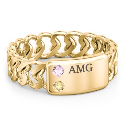 Heart Chain Link Ring with Nameplate in 18K Gold Plated Silver with Pink Tourmaline and Citrine