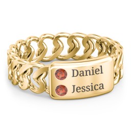 Heart Chain Link Ring with Nameplate in 18K Gold Plated Silver with Garnet