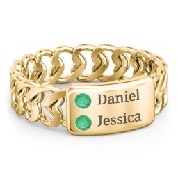 Heart Chain Link Ring with Nameplate in 18K Gold Plated Silver with Emerald