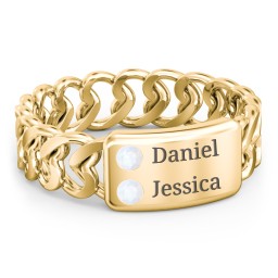 Heart Chain Link Ring with Nameplate in 18K Gold Plated Silver with Opal