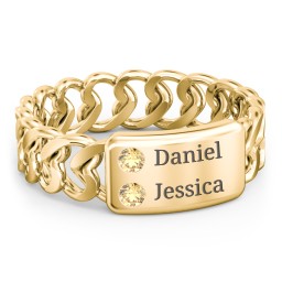Heart Chain Link Ring with Nameplate in 18K Gold Plated Silver with Citrine