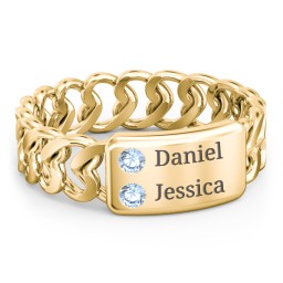 Heart Chain Link Ring with Nameplate in 18K Gold Plated Silver with Blue Topaz