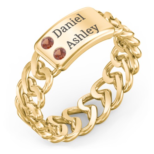 Heart Chain Link Ring with Nameplate – 18K Gold Plated Silver with Garnet