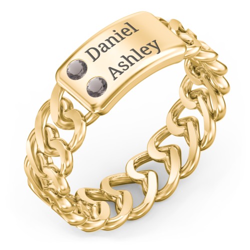Heart Chain Link Ring with Nameplate – 18K Gold Plated Silver with Smokey Quartz