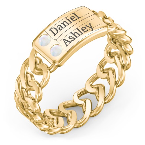 Heart Chain Link Ring with Nameplate – 18K Gold Plated Silver with Opal