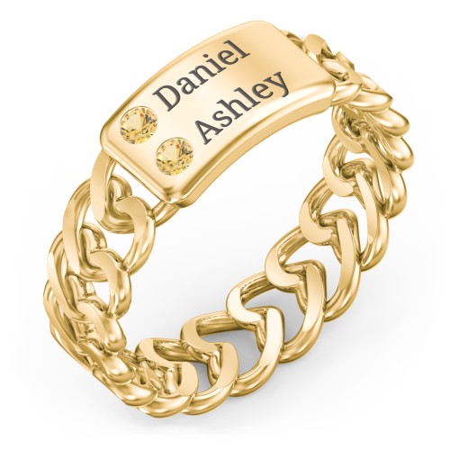 Heart Chain Link Ring with Nameplate – 18K Gold Plated Silver with Citrine