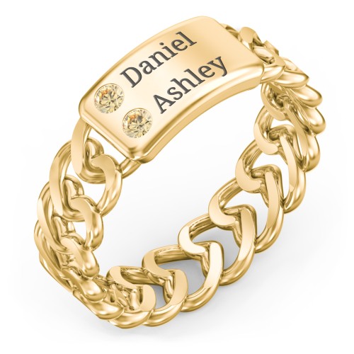 Heart Chain Link Ring with Nameplate – 18K Gold Plated Silver with Citrine