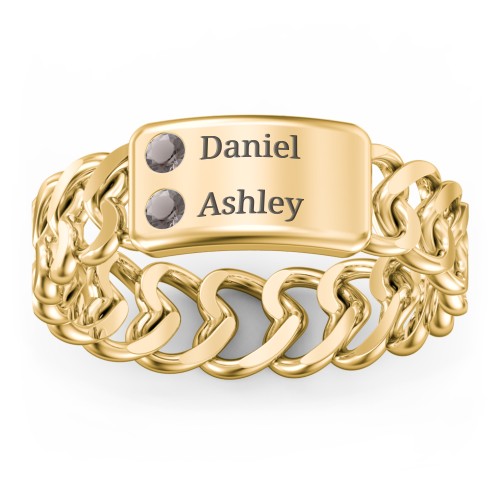 Heart Chain Link Ring with Nameplate – 18K Gold Plated Silver with Smokey Quartz