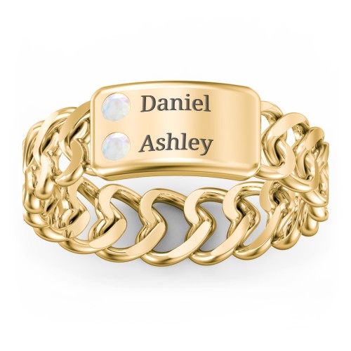 Heart Chain Link Ring with Nameplate – 18K Gold Plated Silver with Opal