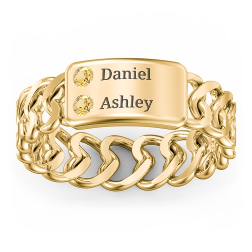 Heart Chain Link Ring with Nameplate – 18K Gold Plated Silver with Citrine