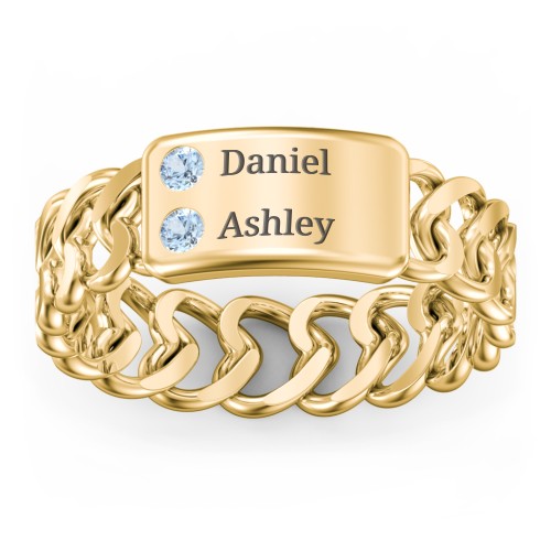 Heart Chain Link Ring with Nameplate – 18K Gold Plated Silver with Blue Topaz