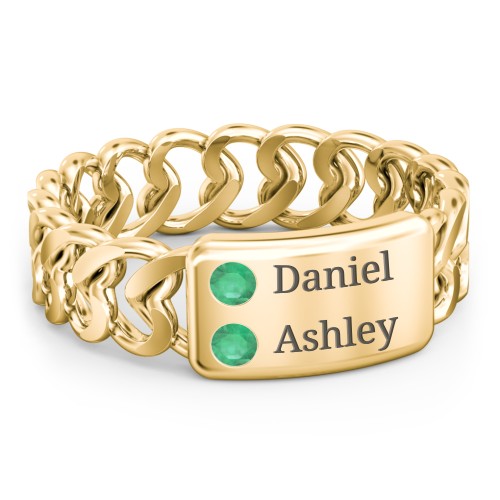 Heart Chain Link Ring with Nameplate – 18K Gold Plated Silver with Emerald